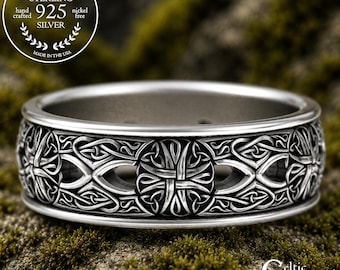 Men's Celtic Cross Wedding Band, Sterling Irish Catholic Ring, Silver Scottish Cross Hearts Ring, Holy Trinity Knotwork Marriage Ring, 3269