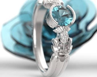 Sterling Silver & Aquamarine Thistle Engagement Ring, Aquamarine Engagement Ring, Scottish Solitaire, Floral Wedding, Handcrafted Rings 1774