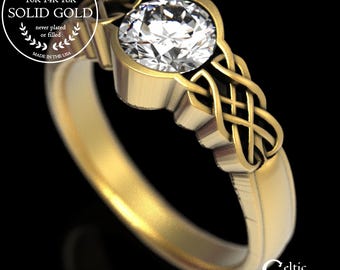 Celtic Gold Moissanite Engagement Ring, Moissanite Solitaire Ring, Celtic Platinum Wedding Ring, Celtic Engagement Ring, Gold Solitaire 1032