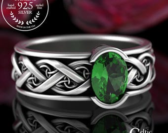 Groom's Welsh Engagement Ring, Sterling Emerald Wedding Band, Silver Oval Celtic Proposal Ring, Men's Irish Knotwork Gemstone Jewelry, 3318