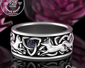Alexandrite Fox Lovers Wedding Ring, Sterling Celtic Foxes Ring, Groom's Wide Kitsune Ring, Irish Marriage Band, Silver Fox Ring, 3250