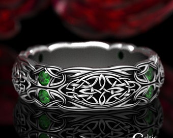 Sterling & Emerald Celtic Wedding Ring, Emerald Wedding Band, Celtic Wedding Band, Silver Eternity Ring, Emerald Celtic Ring, 1468