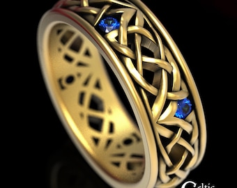 Gold Celtic Wedding Ring, Sapphire Wedding Band, Celtic Wedding Band, Platinum Celtic Ring, Sapphire Celtic Ring, Men Gold Wedding Band,1506