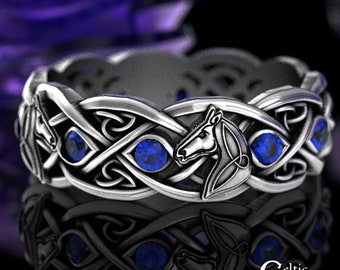 Sapphire Horse Ring, Sterling Silver Horse Ring, Horse Wedding Ring, Horse Wedding Band, Horse Jewelry, Silver Celtic Horse Ring, 1681