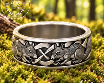 Men's Sterling Squirrel Wedding Band, Silver Ground Squirrels Ring, Celtic Forest Animal Jewelry, 2160