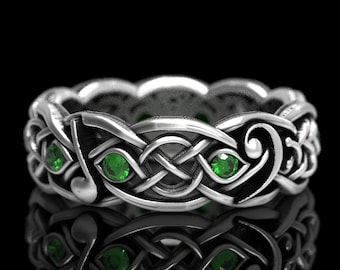 Emerald Celtic Wedding Ring, Sterling Silver Wedding Ring, Music Notes Ring, Musical Wedding Ring, Music Jewelry, Silver Music Ring, 1714
