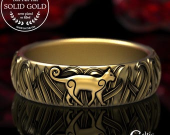 10K Cat Ring, Womens Gold Cat Ring, Cat Wedding Band, 10K Celtic Cat Ring, Irish Cat Ring, Platinum Cat Ring, Cat Remembrance Ring, 1911