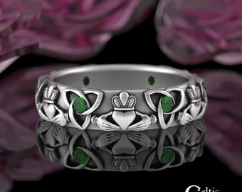 Womens Emerald Claddagh Ring, Sterling Irish Heart Hands Wedding Ring, Classic Scottish Trinity Wedding Band, Silver Celtic Traditional 3162