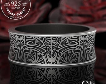 Sterling Hellhound Ring, Cu Sith Wedding Ring, Celtic Wild Hunt Jewelry, Silver Men Norse Pagan Band, Viking Wyrd Ring, Dog Snake Wings,1782