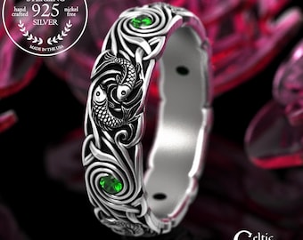 Sterling & Emerald Ocean Waves Ring, Woman's Japanese Fish Wedding Band, Silver Koi Anniversary Ring, Celtic Spiral Jewelry, 2098