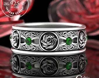 Emerald Sterling Silver Celtic Rose Wedding Band, Irish Rose Wedding Ring, Emerald Rose Celtic Ring, Silver Emerald Irish Wedding Ring, 3045