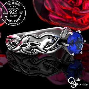 Sapphire River Otter Solitaire Engagement Ring, Gemstone Otter-kin Ring, Silver Celtic Water Weasel Proposal Ring, Animal of Lir Band, 3060