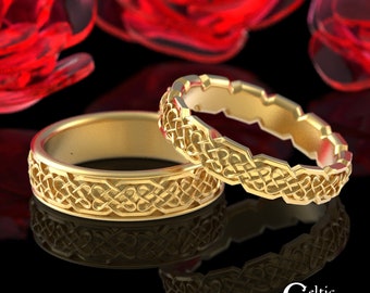 Matching Gold Celtic Rings, Celtic Wedding Band Set, 10K Celtic Knotwork Rings, Classic Gold Celtic Wedding Ring, 14K Celtic Ring, 1098 1232