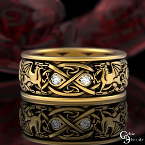 Mens Gold Welsh Dragon Ring, 10K Irish Dragon Wedding Band, 14K Celtic Dragons Wedding Ring, Dragon Soulmate Ring, Norse Gold Dragon, 3109