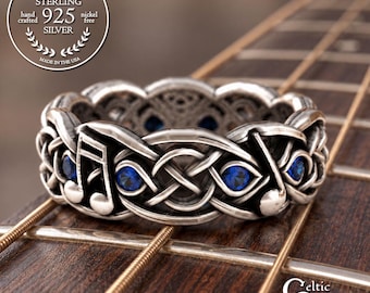 Woman's Sterling Musical Wedding Ring, Celtic Music Note Ring with Sapphire, Silver Rock Band Ring, Music Lover Jewelry, 1714