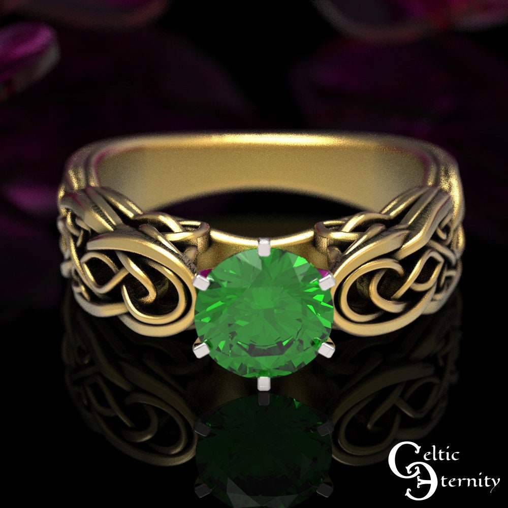 Gold Emerald Engagement Ring, Trinity Irish Wedding Ring, Gold Infinity