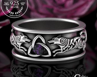 Mens Sterling Wolf Ring, Alexandrite Viking Wedding Band, Norse Wolves Wedding Ring, Alexandrite Celtic Silver Ring, Nordic Trinity, 3103