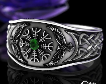 10K White Gold & Emerald Viking Ring, Helm of Awe Gold Ring, Mens 14K Gold Wedding Band, Viking Rune Gold Ring, Emerald Gold Raven Ring 3019