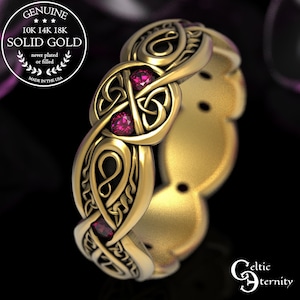 Gold or Platinum Ruby Trinity Ring, Irish Gemstone Knotwork Ring, Elegant Celtic Weave Wedding Ring, Infinite Love Handfasting Band,  1411