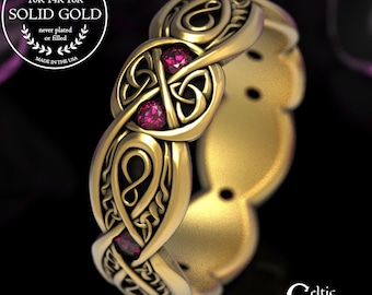 Gold or Platinum Ruby Trinity Ring, Irish Gemstone Knotwork Ring, Elegant Celtic Weave Wedding Ring, Infinite Love Handfasting Band,  1411