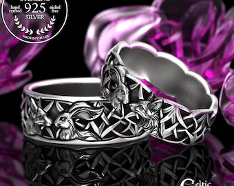 Matching Sterling Fox & Rabbit Wedding Ring Set, Silver Celtic Animal Wedding Bands, His Hers Opposites Attract, 2178 2179
