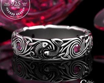 Sterling & Ruby Japanese Koi Fish Wedding Band for Woman, Silver Ocean Waves Jewelry, Irish Sea Fish Ring, 2098