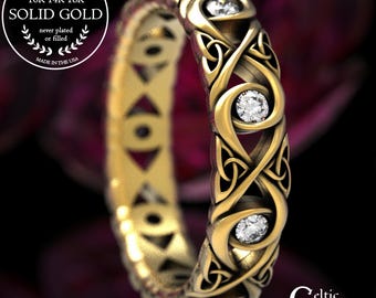 Celtic Moissanite Wedding Ring With Infinity Knots, Celtic Knot Ring, Trinity Knot Ring, Gold Eternity Ring 10K 14K 18K Gold Platinum 1409