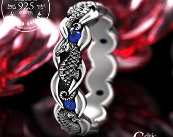 Sterling Seahorse Wedding Band with Sapphires, Woman Nautical Wedding Ring, Silver Ocean Wedding Theme Jewelry, Coral Reef Animal Ring, 2104