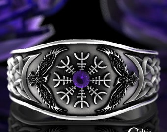 Sterling Helm of Awe Ring, Amethyst Viking Ring, Mens Amethyst Ring, Viking Ring, Raven Ring, Viking Wedding Band, Amethyst Raven, 3019