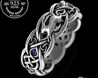 Amethyst Rabbit Ring, Sterling Rabbit Ring, Rabbit Wedding Ring, Celtic Rabbit Ring, Hare Ring, Rabbit Ring, Silver Bunny Ring, 4682