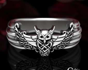 Odin Viking Owl Ring, Viking Wedding Band, Men's Viking Ring, Celtic Sterling Wedding Band, Silver Owl Ring, Celtic Owl Ring, 1479