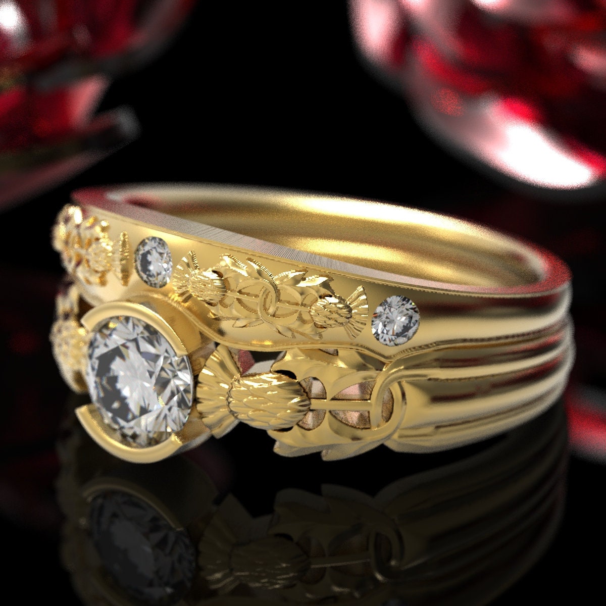 Thistle Engagement Ring, Gold & Moissanite Ring, Platinum Engagement