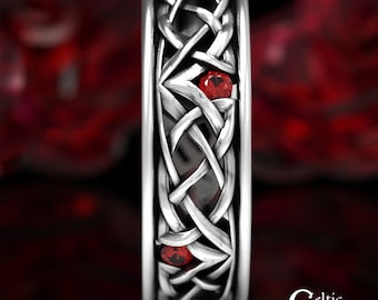 Ruby Celtic Wedding Band, Sterling Celtic Wedding Ring, Mens Wedding Band, Men's Celtic Ring, Unique Wedding Band, Celtic Ruby Ring, 1506