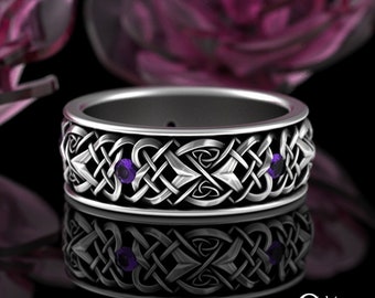 Sterling Mens Amethyst Wedding Band, Mens Amethyst Celtic Ring, Mens Amethyst Wedding Ring, Amethyst Celtic Band, Sterling Irish Ring, 4015