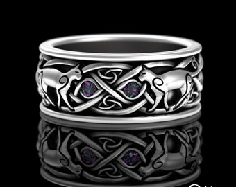 Mens Alexandrite Irish Cat Ring, Celtic Cat Wedding Band, Sterling Cat Lover Ring, Scottish Knotwork Ring, Kitty Ring, Feline Ring, 3099