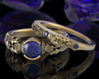 Gold & Sapphire Royal Thistle Engagement Ring Set, Scottish Highland Bloom Wedding Rings,  Thorned Blossom Handfasting Ring Pair, 1774/75