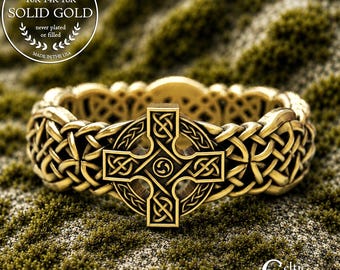 14K Celtic Cross Ring, Gold Mens Celtic Wedding Band, 10K Irish Wedding Ring, 18K Mens Wedding Ring, 14K Celtic Knotwork Ring, 1860