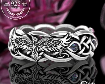 Sterling Silver Raven Wedding Ring, Alexandrite Womens Ring, Viking Raven Ring, Womens Raven Wedding Band, Celtic Raven Wedding Ring, 4728