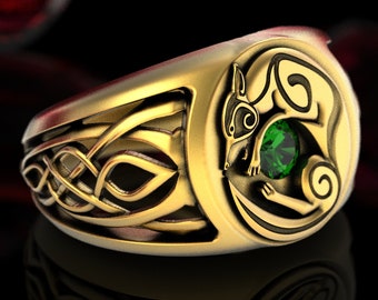 Wolf Signet Ring, Gold Emerald Ring, Celtic Wolf Ring, Viking Wolf Ring, Mens Viking Ring, Mens Celtic Ring, Mens Gold Wedding Ring, 1354