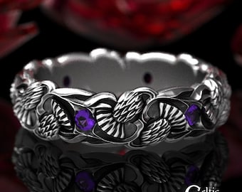 Sterling Silver & Amethyst Royal Thistle Ring, Scottish Guardian Bloom Gemstone Handfasting Ring, Silver Thorned Blossom Wedding Ring, 1473