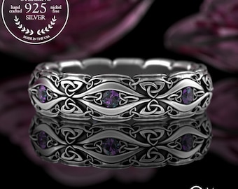 Intricate Trinity Knot & Alexandrite Bridal Wedding Ring, Womens Sterling Silver Irish Knotwork Band, 925 Celtic Triquetra Symbol Ring, 3188