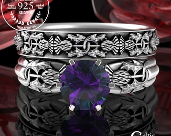 Alexandrite Engagement Ring Set, Matching Scottish Thistle Ring Set, Sterling Thistle Wedding Set, Silver Irish Bridal Ring Set, 1894 1771
