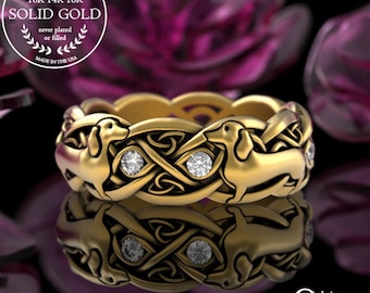 Gold & Moissanite Dachshund Ring, 10K Doxie Dog Ring, 14K Celtic Dog Ring, Gold Dog Jewelry, Platinum Dog Lover Gift, Canine Dog Show, 3012