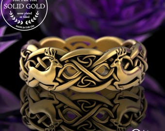 Womens Gold Deer Ring, 10K Celtic Stag Wedding Band, 14K Irish Deer Ring, Gold Bambi Ring, Gold Forest Witch Ring, Scottish Deer Ring, 3125