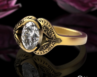 10K Bridal Viking Ravens Wedding Ring, White Gold Moissanite Norse Solitaire, Diamond Bird Engagement Ring, 14K Gold Celtic Crow Ring, 3144