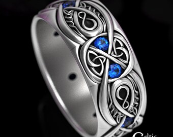 Mens Celtic Wedding Band, Sterling & Sapphire, Wide Wedding Band, Mens Infinity Ring, Mens Celtic Ring, Mens Infinity Wedding Ring, 1642