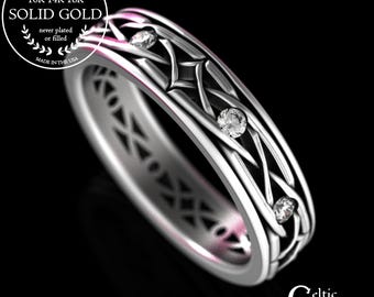 White Gold Groom's Irish Wedding Band, 18K Moissanite Scottish Ring, 14K Gold Narrow Men's Celtic Ring, 10K Thin Knotwork Marriage, 2088