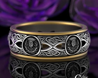 Sterling & 10K Gold Thistle + Heart Motif Ring, Scottish 2tone Thistle Wedding Band, Men's Silver Gold Irish Ring, Groom Knotwork Ring, 4053
