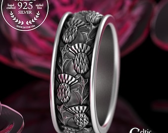 Men's Sterling Scottish Thistle Wedding Band, Silver Irish Groom Ring, Classic Celtic Heritage Jewelry, Handmade Celtic Ancestry Ring, 4066