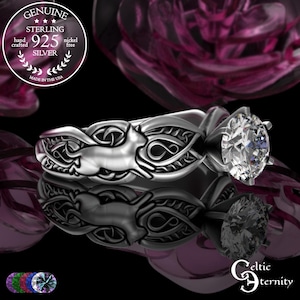 Kitty Cat Moissanite Bridal Ring, Sterling Cats Engagement Ring, Silver Celtic Feline Kitten Ring, Irish Pussycat Wedding Ring, 3273